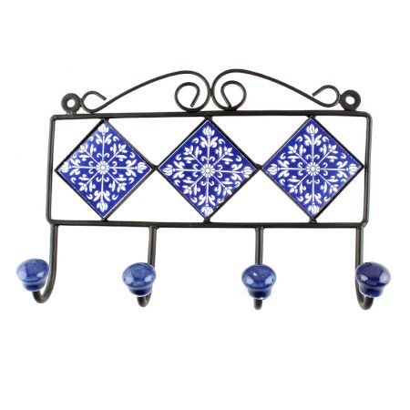 Navy Blue With White Leaf Ceramic Tiles Hook 